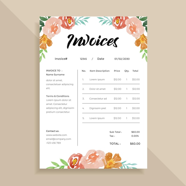 Watercolor Floral Flower Invoices Template Design