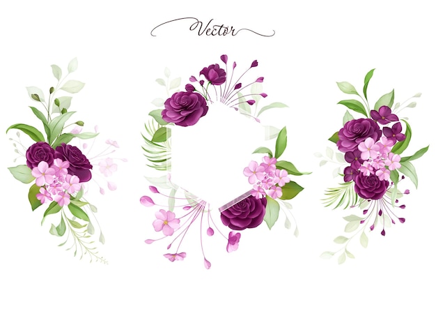 Vector watercolor floral frame and arrangements elements of purple roses