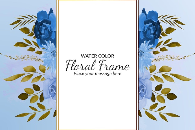 Watercolor floral frame background with blue rose's and brown leave's free vector