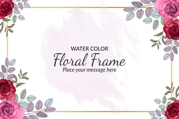 Watercolor floral frame background with golden frame free vector