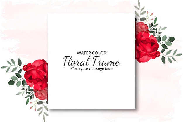 Watercolor floral frame background with red rose's and green leaves Free Vector