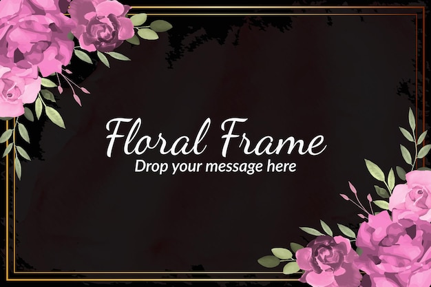 Watercolor floral frame black background with pink rose's and green leave's with Free Vector