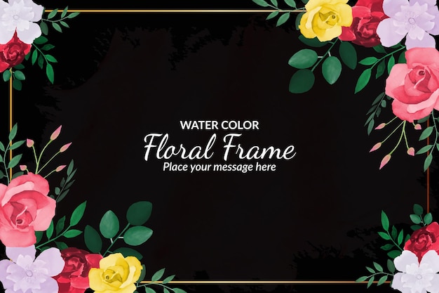 Watercolor floral frame black background with red yellow rose's and green leave's with free vector