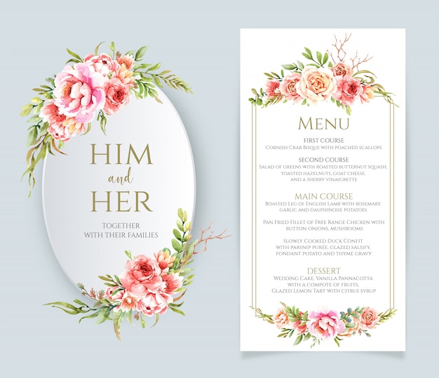 Vector watercolor floral frame and menu for wedding