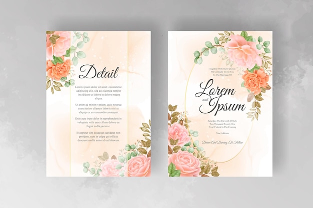 Watercolor Floral Frame Wedding Invitation Cards Template with Hand Drawn Florals