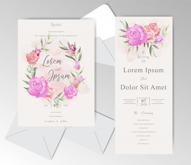 Watercolor Floral Frame Wedding Invitation Cards with Roses and Leaves