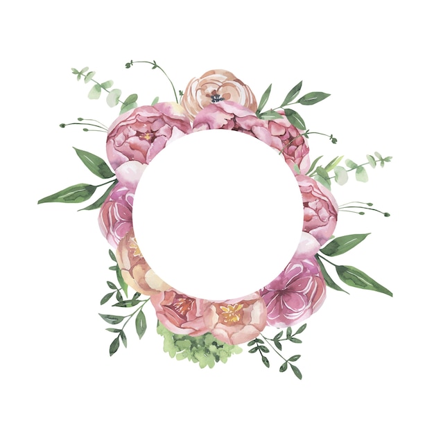 Vector watercolor floral frame with flowers and leaves.