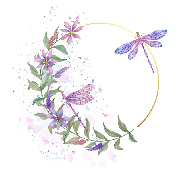 Watercolor floral frame with lovely flying dragonflies