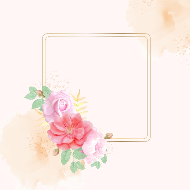 Watercolor floral frame with painted pink and red flowers with green leaves and golden border