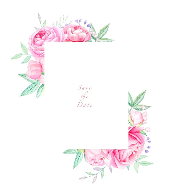 Watercolor floral frame with peonies leaves