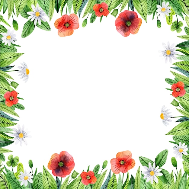 Watercolor floral frame with poppies and leaves