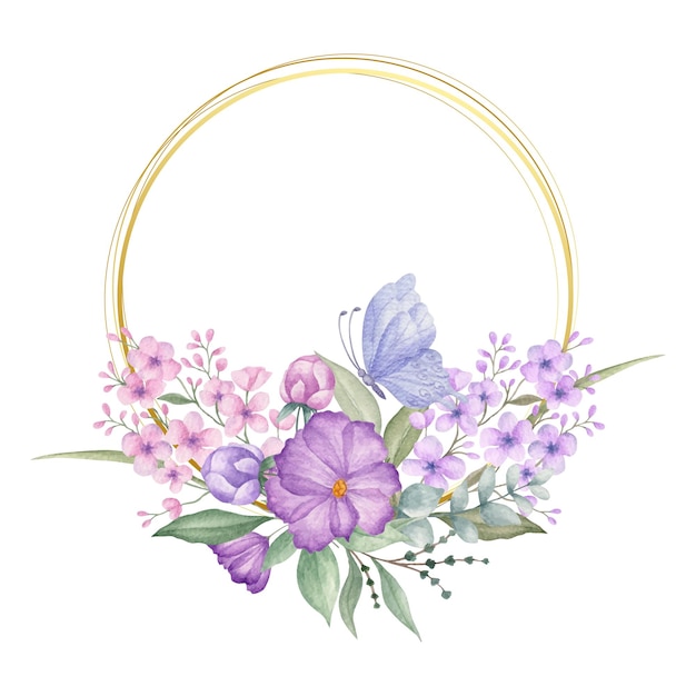 Акварельная цветочная рамка с весенними цветами и бабочкой