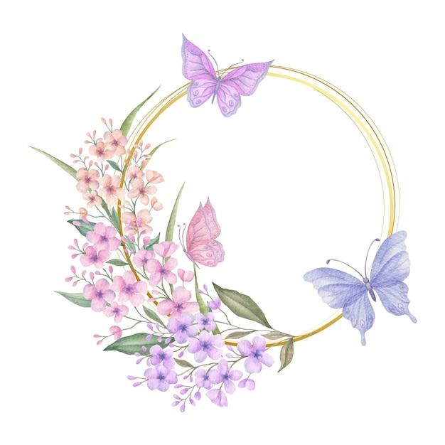 Watercolor floral frame with spring flowers and butterflies