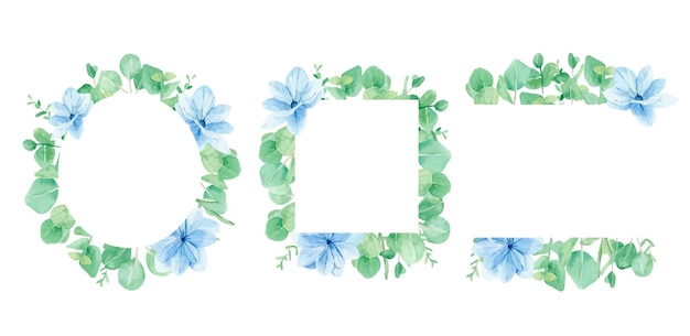 Вектор Акварельные цветочные рамки синие цветы и ветви эвкалипта