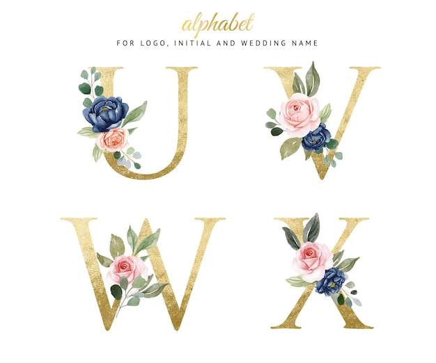 Watercolor floral gold alphabet set of u, v, w, x with navy and peach flowers . for logo, cards, branding, etc