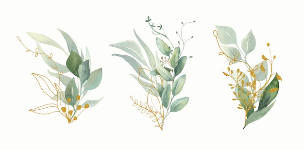 Vector watercolor floral green and gold leaf bouquets.