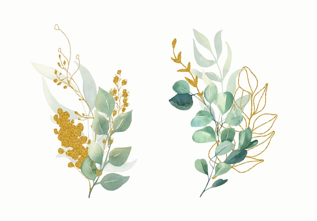 Vector watercolor floral green and gold leaf bouquets.