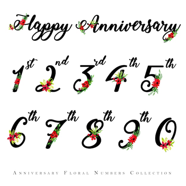 Watercolor floral happy anniversary numbers collection