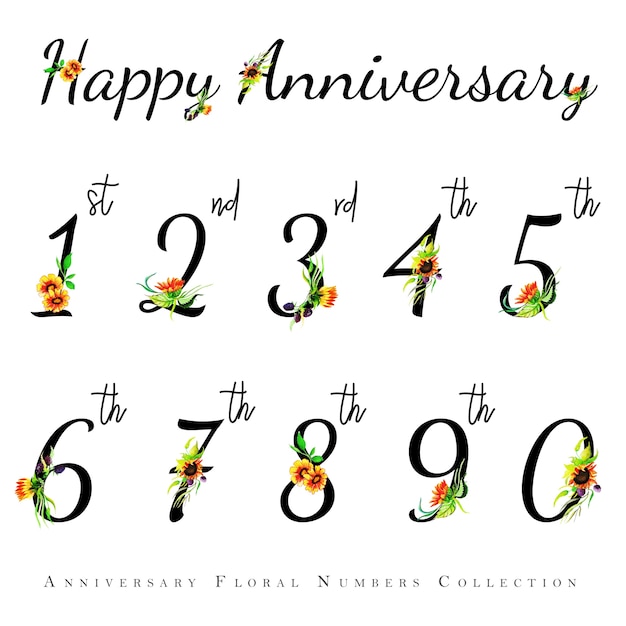Raccolta di numeri di buon anniversario floreale dell'acquerello