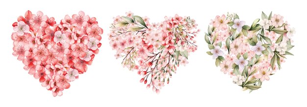 Watercolor floral heart with pink wild spring flowers for Valentines day romantic illustration