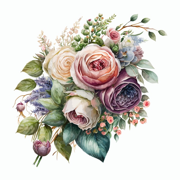 Watercolor floral illustration flower bouquet for wedding Decorative elements template Flat cartoon illustration isolated on white background