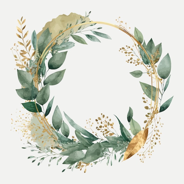 Watercolor floral illustration gold leaves and branches wreath frame with geometric shape Decorative elements template Flat cartoon illustration isolated on white background