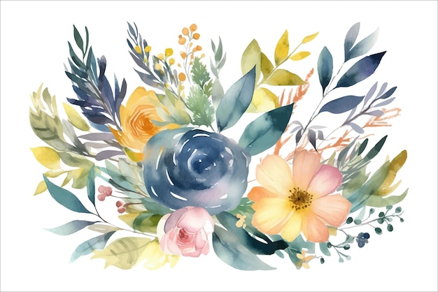 Watercolor floral illustration set white flowers green