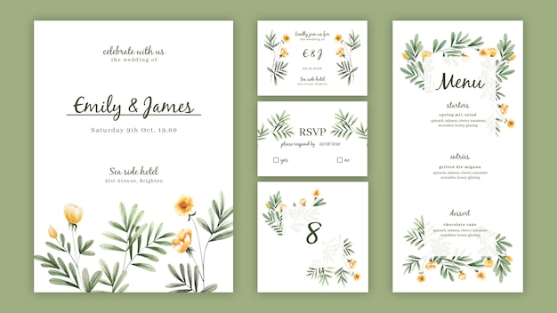 Watercolor floral invitation pack template for wedding