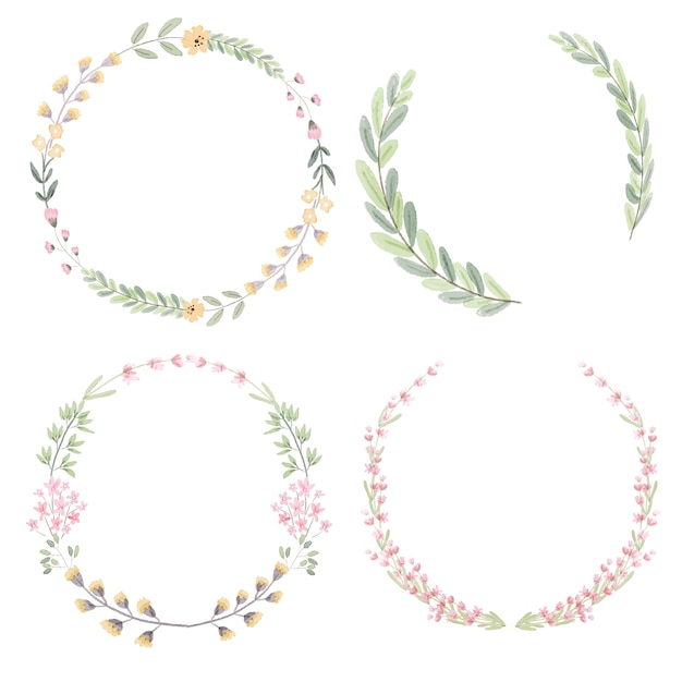 Watercolor floral and leafs wreath collection