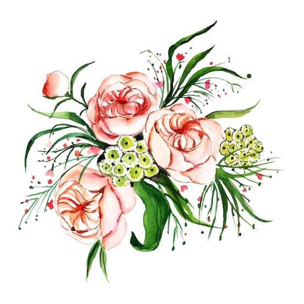 Watercolor floral and leaves bouquet