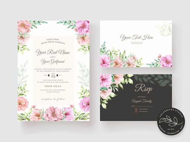 Watercolor floral and leaves invitation card set