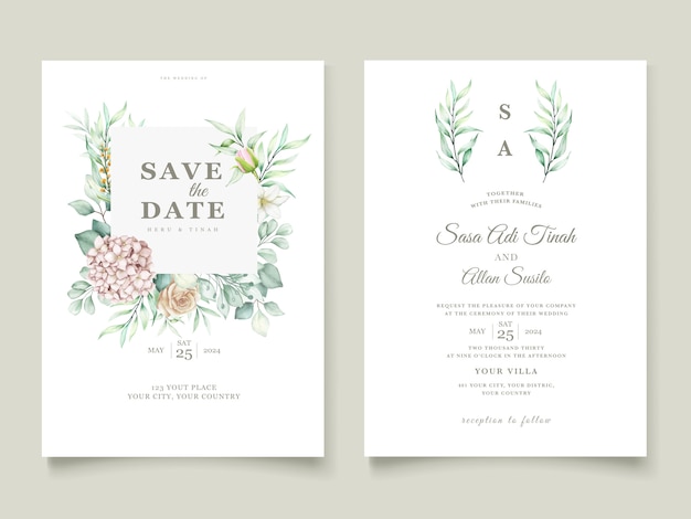 watercolor floral and leaves wedding invitation card set