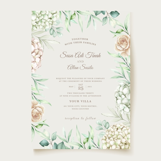 Watercolor floral and leaves wedding invitation card set