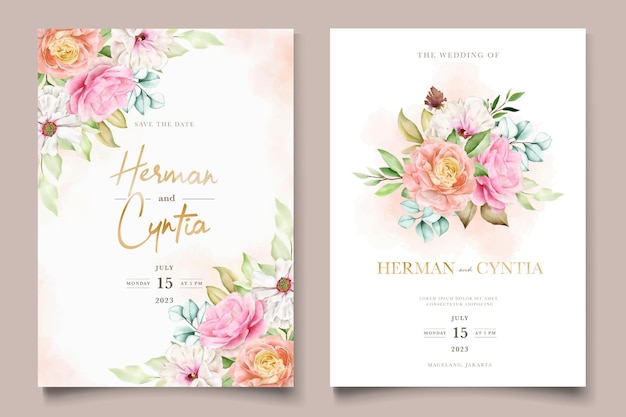 watercolor floral and leaves wedding invitation card set