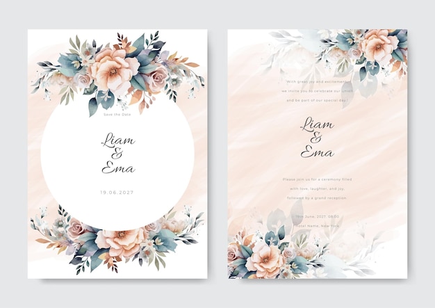 Vector watercolor floral and leaves wedding invitation card set