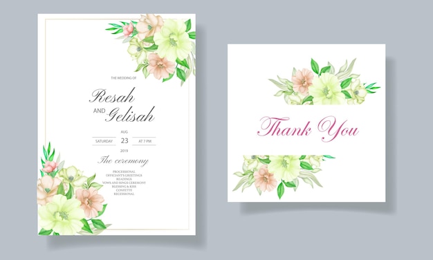 watercolor floral and leaves wedding invitation card