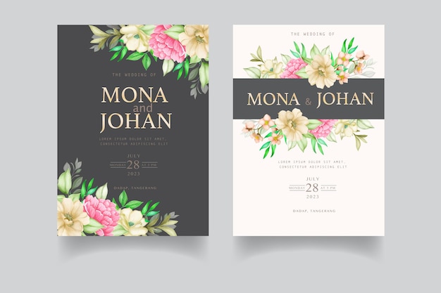 Watercolor floral and leaves wedding invitation card