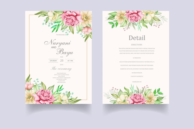 水彩花柄と葉の結婚式の招待カード