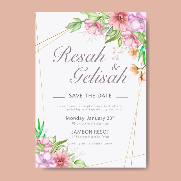 Watercolor floral and leaves wedding invitation card