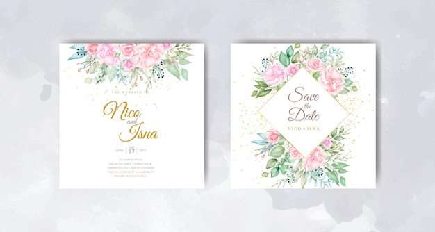 Watercolor floral and leaves wedding invitation card