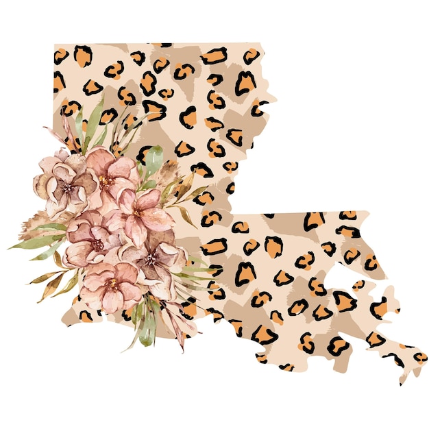 Watercolor floral Leopard louisiana state map illustration for sublimation print poster USA