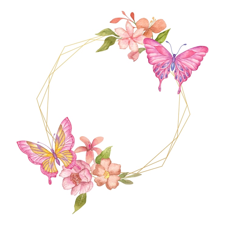 Vector watercolor floral lovely spring flowers and leaves frame with butterfly