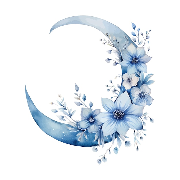 Watercolor floral moon illustration with flower bouquet