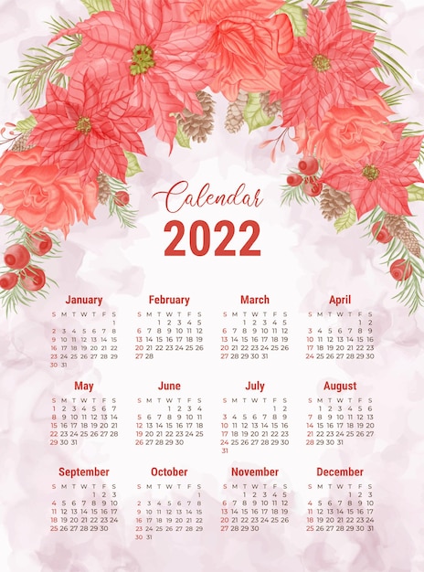 Watercolor floral new year 2022 calendar template