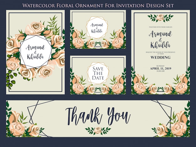 Vector watercolor floral ornament for invitation design set