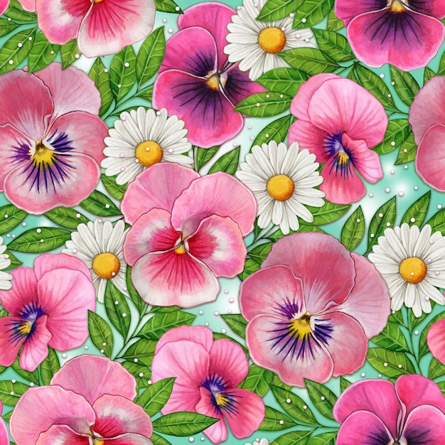 Watercolor floral pansy and daisy seamless pattern