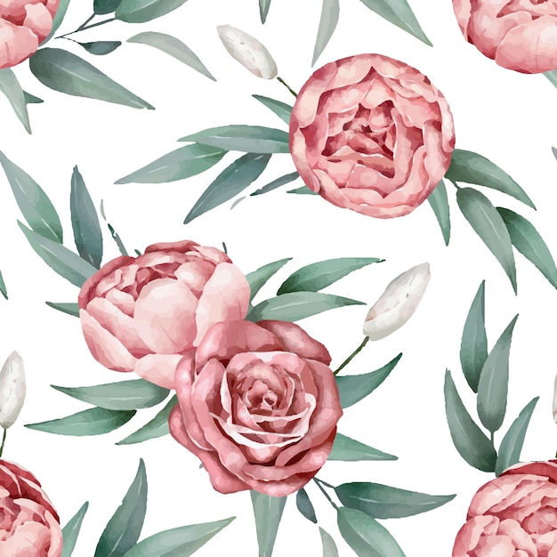 Watercolor floral pattern. peony, rose and leaves.