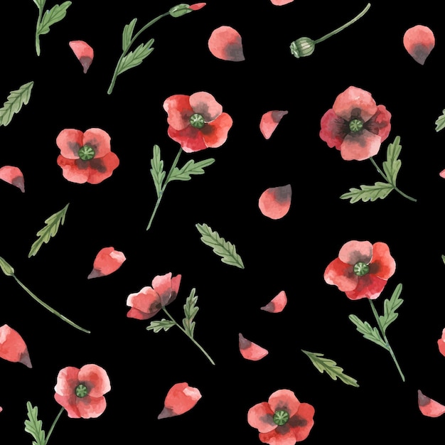 Watercolor floral pattern with red poppies on a black background Seamless floral background