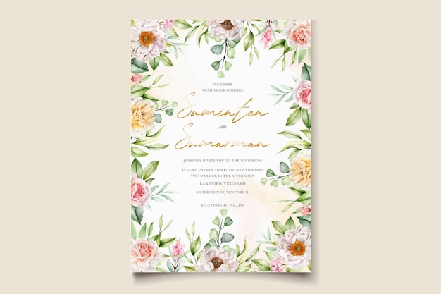 Vector watercolor floral peonies and roses wedding invitation card