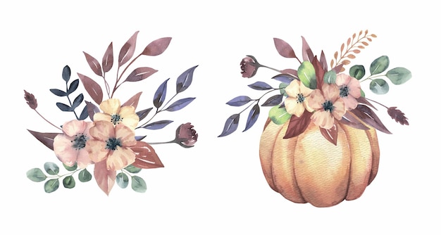 Vector watercolor floral pumpki bouquet